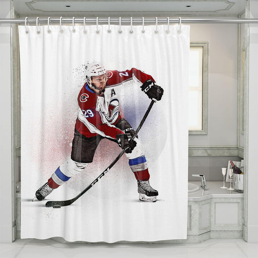 action of nathan mackinnon hockey shower curtains