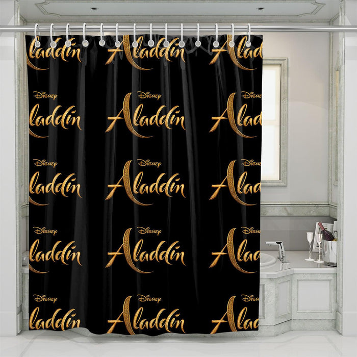 aladdin disney golden logo font shower curtains