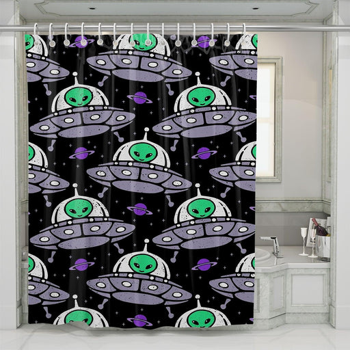 aliens in ufo in galaxy shower curtains