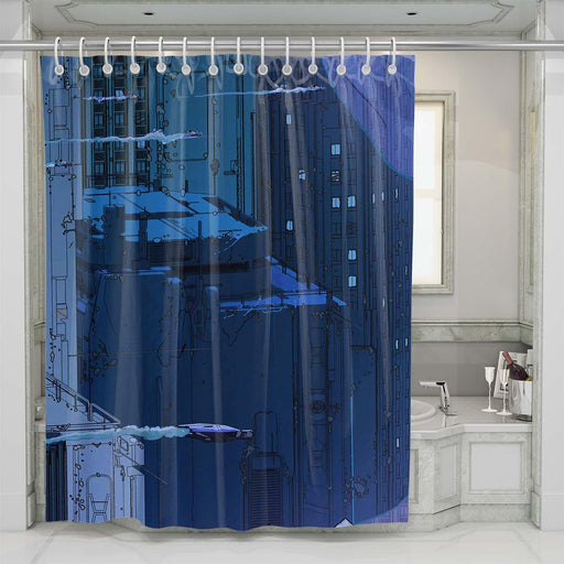 blade runner building blue shower curtains