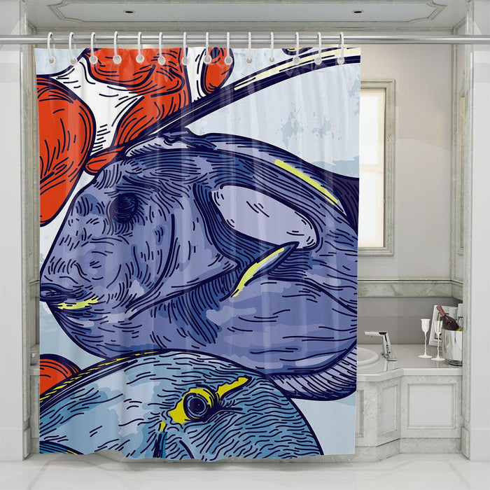 bold art style fish illustration shower curtains