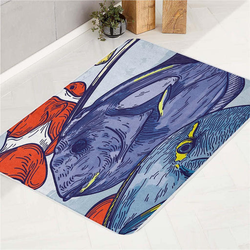 bold art style fish illustration bath rugs