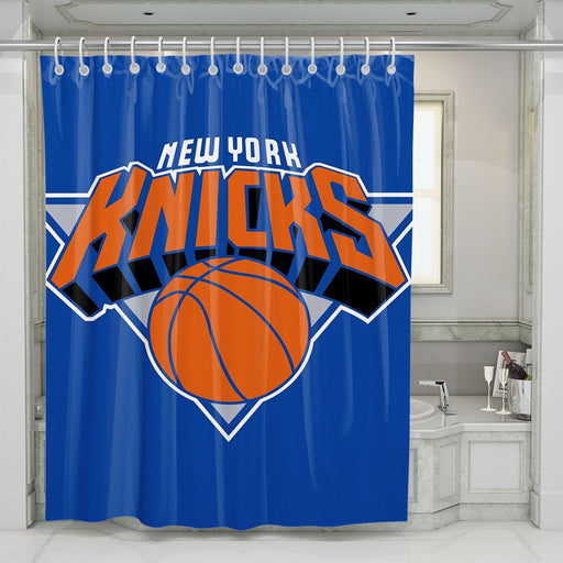 blue logo new york knicks basketball shower curtains