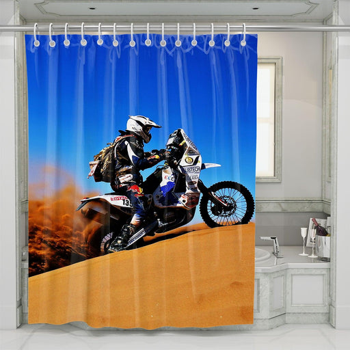 blue sky desert motocross obstacle shower curtains