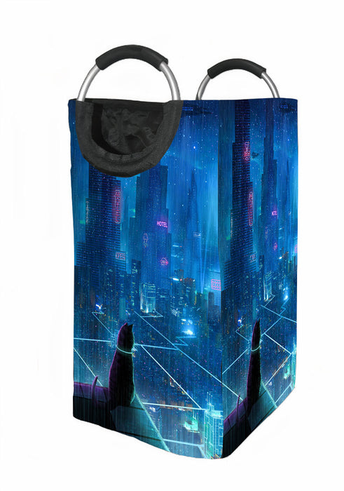 cat in the middle futuristic city Laundry Hamper | Laundry Basket