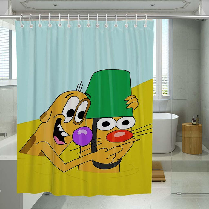 cat in the middle futuristic city shower curtains