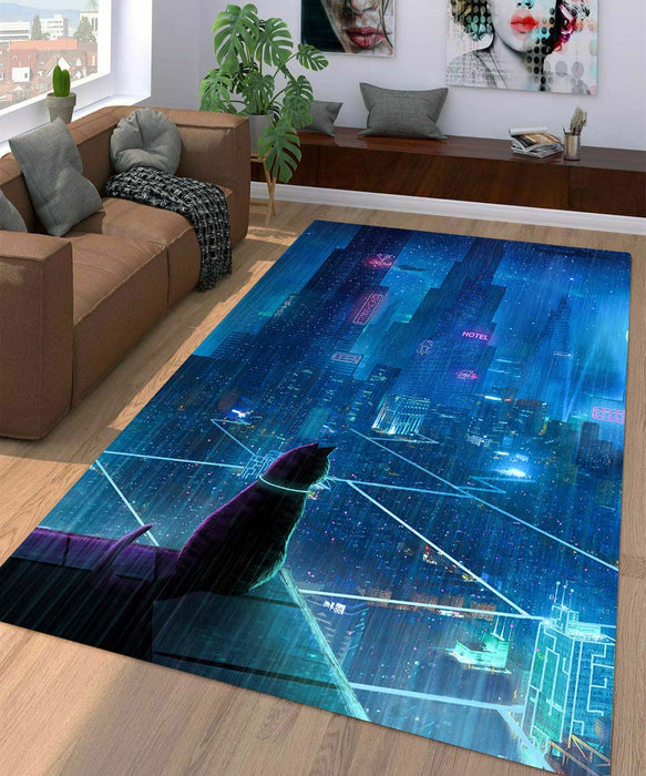 cat in the middle futuristic city Living room carpet rugs