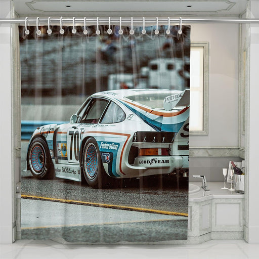 classic car racing in arena shower curtains