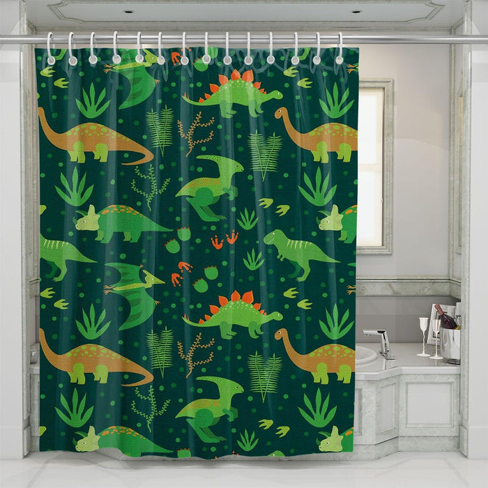 dinosaurs and forest green shower curtains