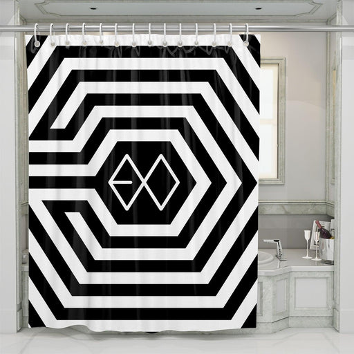 exo hexagon black and white logo shower curtains