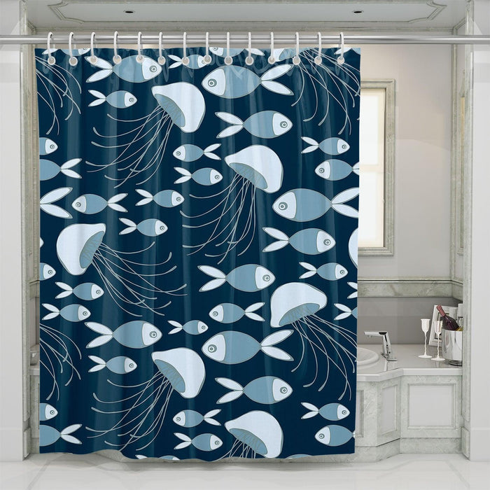 fish and jellyfish dark theme shower curtains