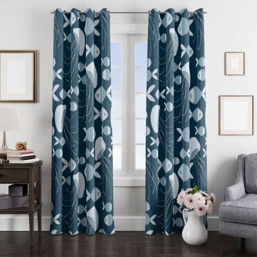 fish and jellyfish dark theme window Curtain