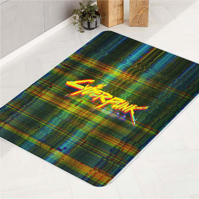 glitch vhs of cyberpunk 2077 bath rugs