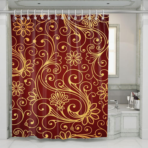 golden floral maroon luxury shower curtains