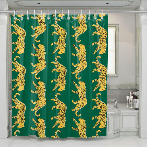 golden tigers walking in forest shower curtains