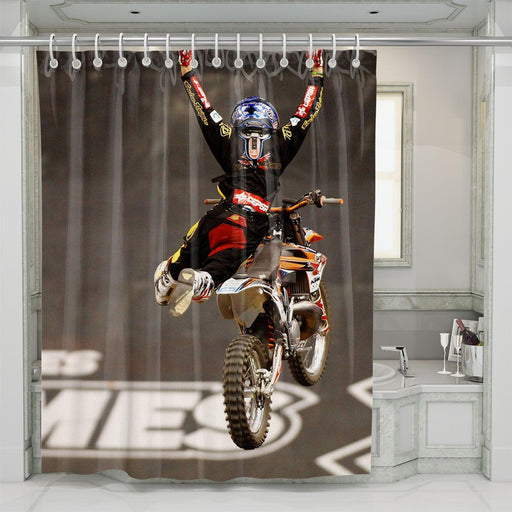 hand off motocross athlete shower curtains