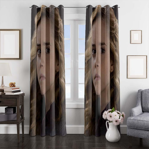 hermione with soft color window curtains