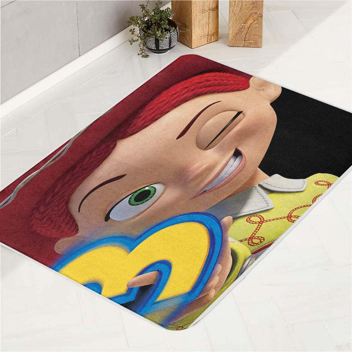 jessie with 3 of toy story disney bath rugs