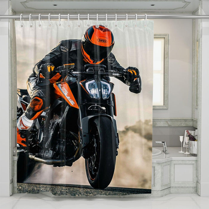 man riding  front of desert shower curtains