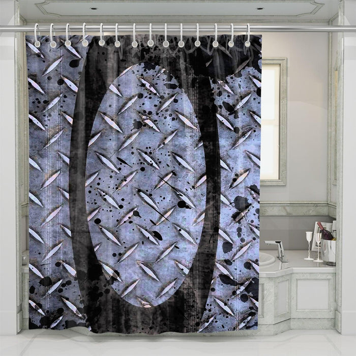 metal oakley logo chaos shower curtains