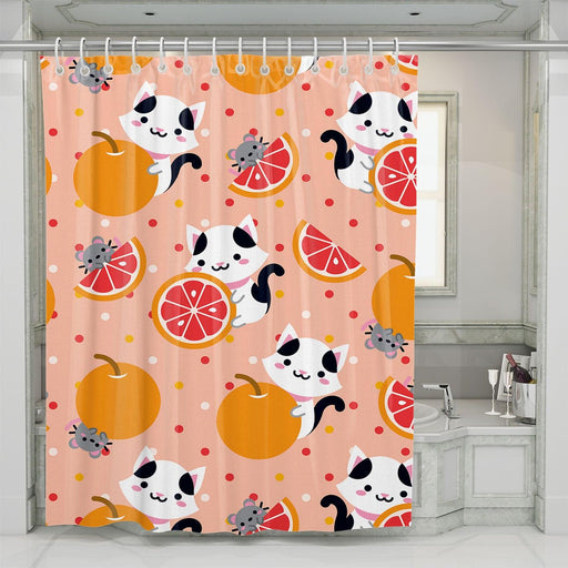 mouse and cats with orange fruit shower curtains