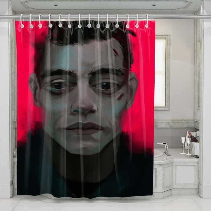 Painting of rami malek mr, robot shower curtains