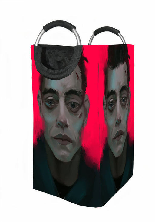 Painting of rami malek mr, robot Laundry Hamper | Laundry Basket