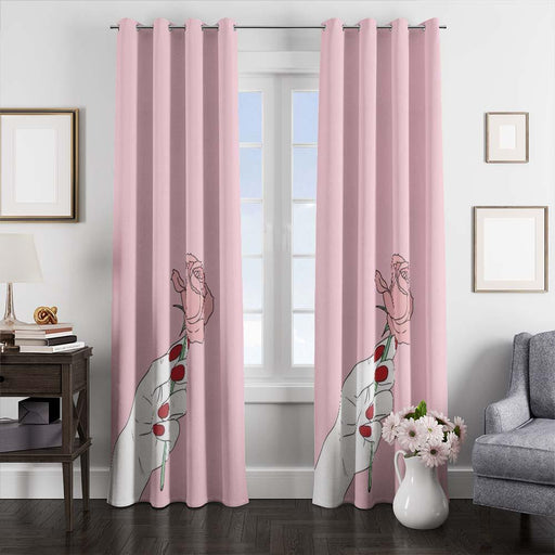 roses pink sad girl window curtains