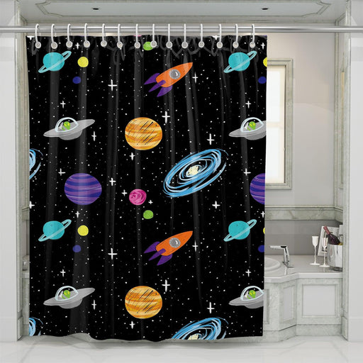 rocket star and planet in space shower curtains