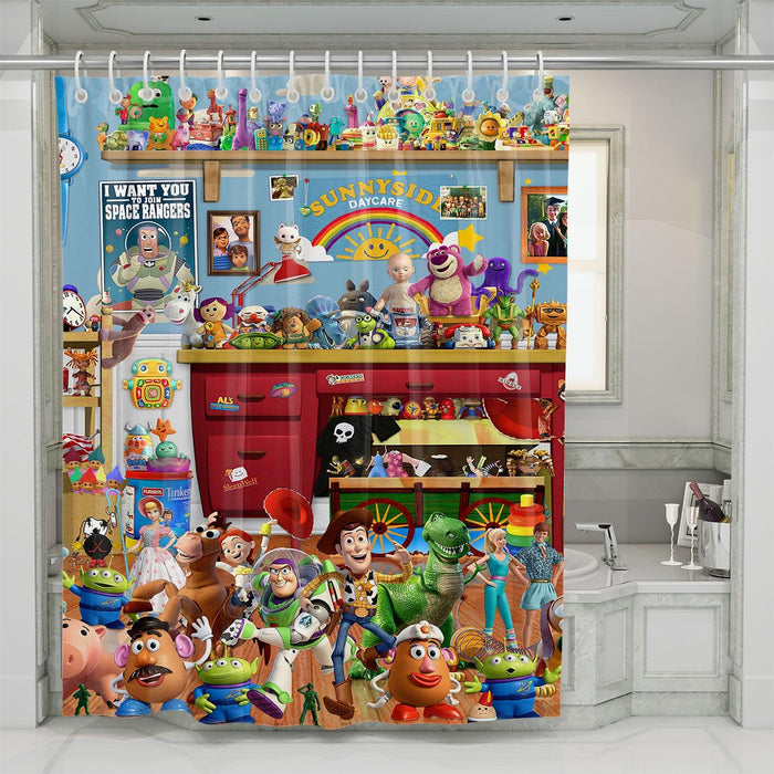 room of all the toys from school toys story shower curtains