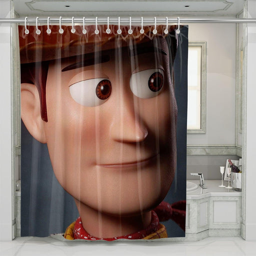 sad face of woody toys of andy shower curtains