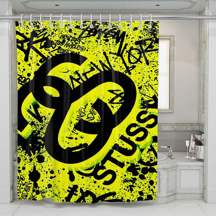 stussy yellow logo shower curtains