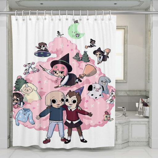 summer camp island character shower curtains