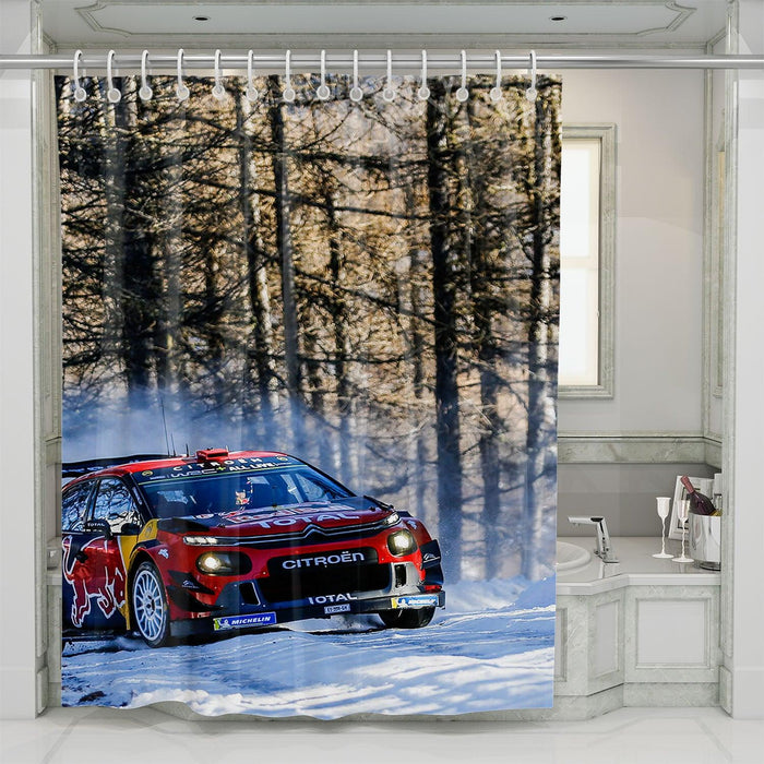 snow racing car always feel so extreme shower curtains