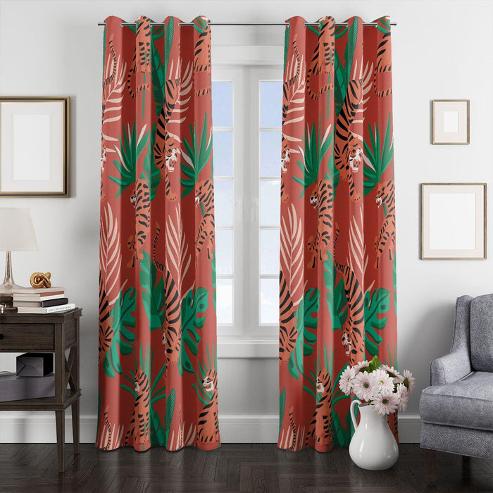 tiger chinese ornament flora window Curtain