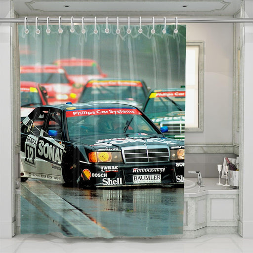 the chaos of car racing ahppen shower curtains