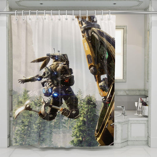 titanfall and pathfinder in the apex world shower curtains