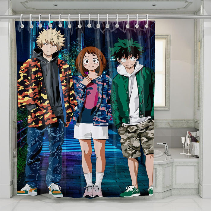 uraraka with bakugo and midoriya shower curtains