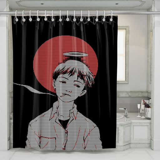 vhs look sad boy of evangelion shower curtains