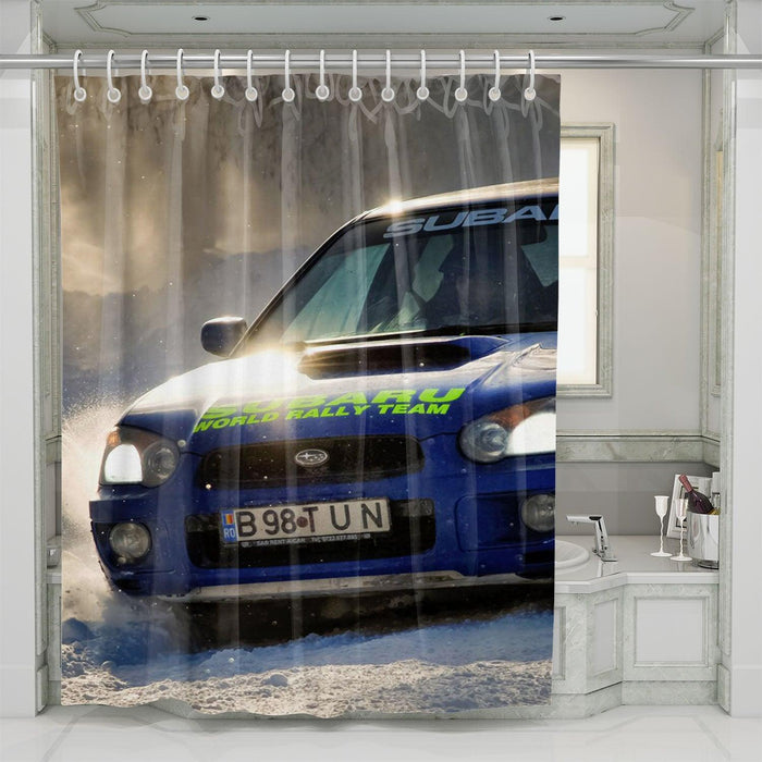 winter seasn still car racing rally shower curtains